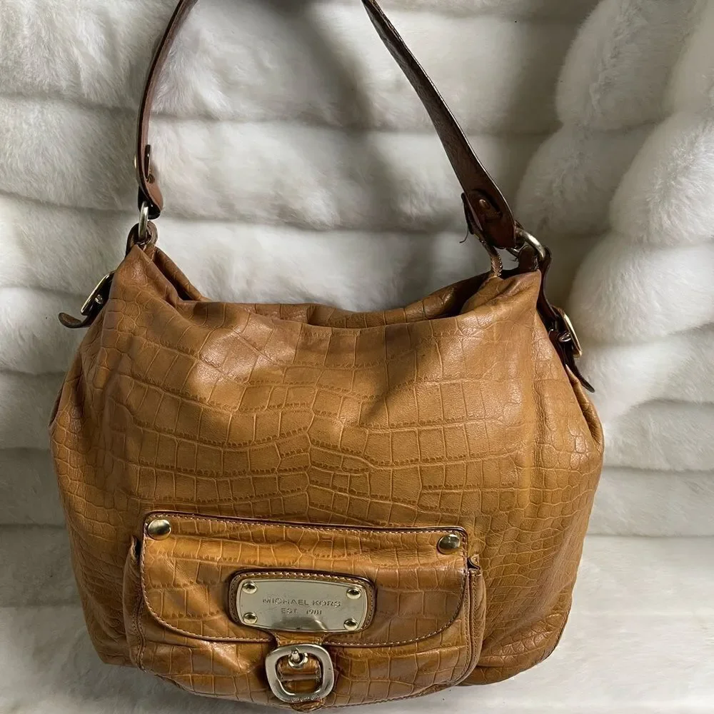 Michael Kors Tan leather crocs embossed shoulder bag with gold tone hard…